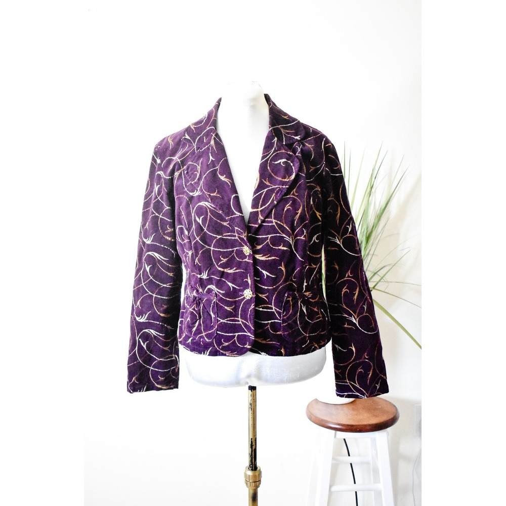 Live a Little Blazer Women XL Purple Y2K Embroidered Corduroy Swirl Jacket